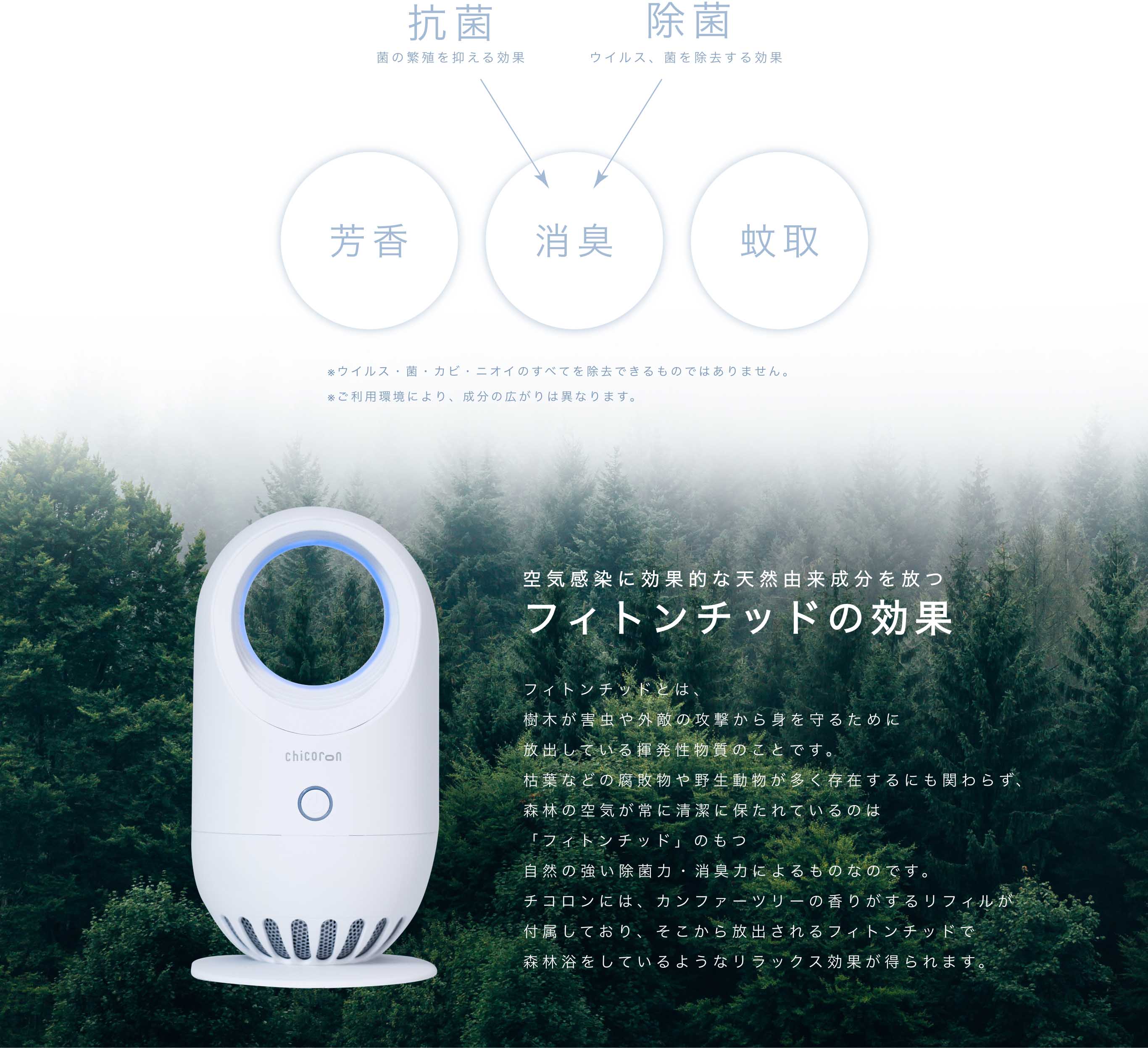 空気感染に効果的な天然由来成分を放つフィトンチッドの効果 フィトンチッドとは、樹木が害虫や外敵の攻撃から身を守るために放出している揮発性物質のことです。枯葉などの腐敗物や野生動物が多く存在するにも関わらず、森林の空気が常に清潔に保たれているのは「フィトンチッド」のもつ自然の強い除菌力・消臭力によるものなのです。